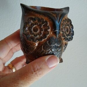 Owl Votive Candle Holder 3" Tall Japan Vintage Flower Eyes 70s Vibe